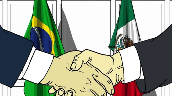 Businessmen or politicians shaking hands against flags of Brazil and Mexico. Meeting or cooperation related cartoon illustration — Stock Photo, Image