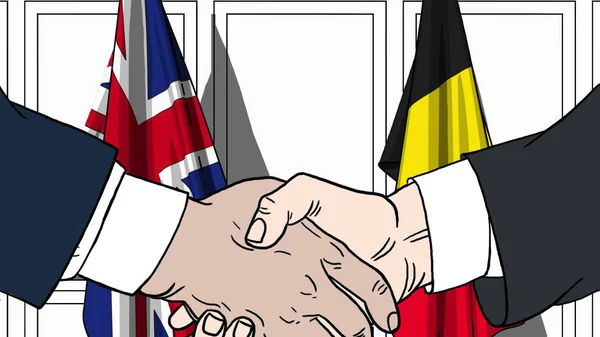 ビジネスマンや政治家は、イギリスとベルギーの国旗に対して手を振る。公式会議や協力関連漫画イラスト — ストック写真