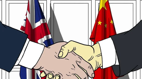 Businessmen or politicians shaking hands against flags of Great Britain and China. Meeting or cooperation related cartoon illustration — Stock Photo, Image