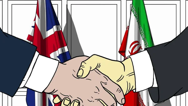 Підприємці або політиків потиснути один одному руки проти прапорів Великобританії та Іран. Офіційна зустріч або співпраці пов'язані з мультфільму ілюстрація — стокове фото