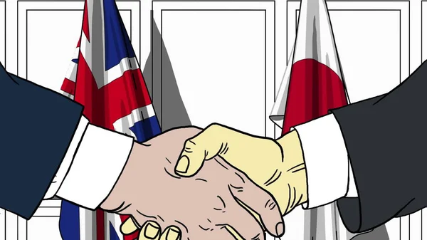ビジネスマンや政治家イギリスそして日本の国旗に対して手を振ってします。会議や協力関連漫画イラスト — ストック写真