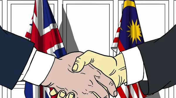 Geschäftsleute oder Politiker schütteln Hände gegen britische und malaysische Flaggen. offizielles Treffen oder Zusammenarbeit im Zusammenhang mit Cartoon Illustration — Stockfoto