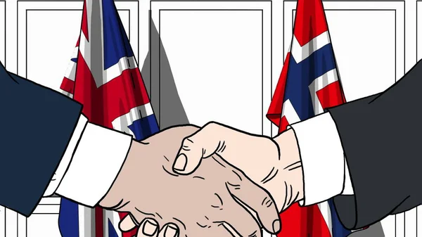 Affärsmän eller politiker skakar hand mot flaggor av Storbritannien och Norge. Officiellt möte eller samarbete med tecknad illustration — Stockfoto