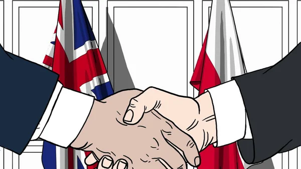 Biznesmenów i polityków uścisnąć dłoń przed flagi Wielkiej Brytanii i Polsce. Oficjalne spotkanie lub współpracy z ilustracja kreskówka — Zdjęcie stockowe