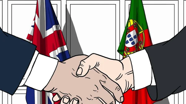 Businessmen or politicians shake hands against flags of Britain and Portugal. Official meeting or cooperation related cartoon illustration — Stock Photo, Image