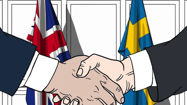Des hommes d'affaires ou des politiciens serrent la main contre les drapeaux de Grande-Bretagne et de Suède. Réunion officielle ou illustration de bande dessinée liée à la coopération — Photo