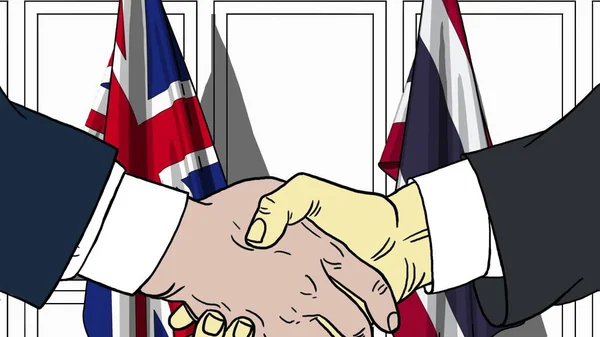 Geschäftsleute oder Politiker schütteln Hände gegen britische und thailändische Flaggen. offizielles Treffen oder Zusammenarbeit im Zusammenhang mit Cartoon Illustration — Stockfoto