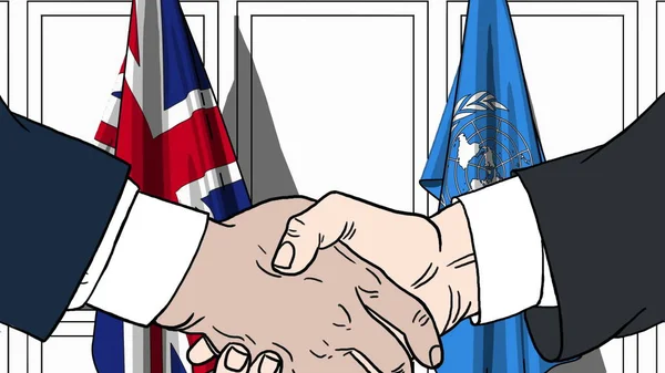 Uomini d'affari o politici stringono la mano contro le bandiere della Gran Bretagna e delle Nazioni Unite. Riunione ufficiale o illustrazione editoriale relativa alla cooperazione — Foto Stock