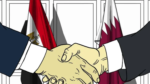 Biznesmenów i polityków uścisnąć dłoń przed flagi Egipt i Katar. Oficjalne spotkanie lub współpracy z ilustracja kreskówka — Zdjęcie stockowe