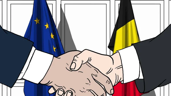 Businessmen or politicians shake hands against flags of European Union EU and Belgium. Official meeting or cooperation related cartoon illustration — Stock Photo, Image