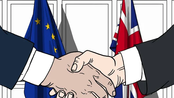 Empresários ou políticos apertando as mãos contra bandeiras da UE e da Grã-Bretanha. ilustração cartoon relacionados com reuniões ou cooperação — Fotografia de Stock