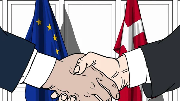 Affärsmän eller politiker skakar hand mot flaggor av Europeiska unionen Eu och Danmark. Officiellt möte eller samarbete med tecknad illustration — Stockfoto
