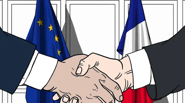 Businessmen or politicians shaking hands against flags of EU and France. Meeting or cooperation related cartoon illustration — Stock Photo, Image