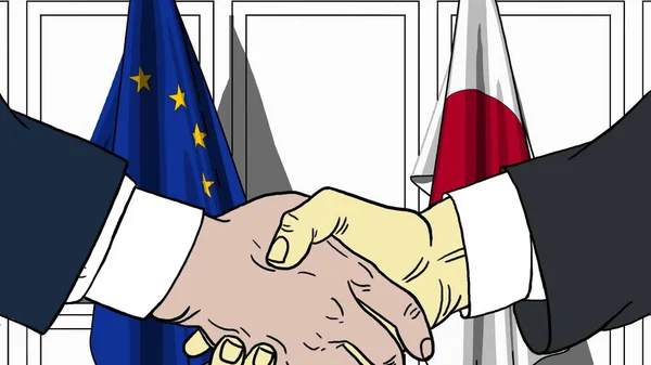 Businessmen or politicians shaking hands against flags of EU and Japan. Meeting or cooperation related cartoon illustration — Stock Photo, Image