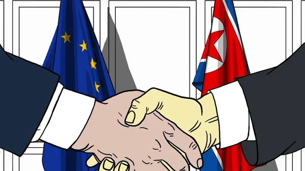 Geschäftsleute oder Politiker schütteln Hände gegen Fahnen der Europäischen Union und Nordkoreas. offizielles Treffen oder Zusammenarbeit im Zusammenhang mit Cartoon Illustration — Stockfoto