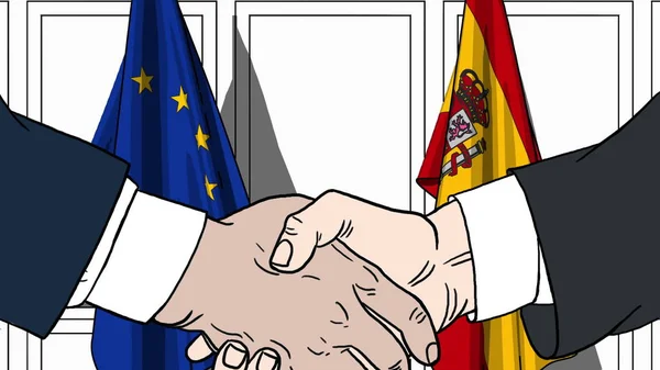 Uomini d'affari o politici stringono la mano contro le bandiere dell'UE e della Spagna. Illustrazione dei cartoni animati relativi alla riunione o alla cooperazione — Foto Stock