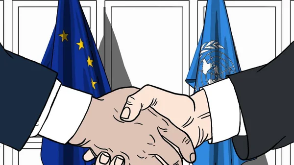 Uomini d'affari o politici stringono la mano contro le bandiere dell'Unione europea e delle Nazioni Unite. Riunione ufficiale o illustrazione editoriale relativa alla cooperazione — Foto Stock