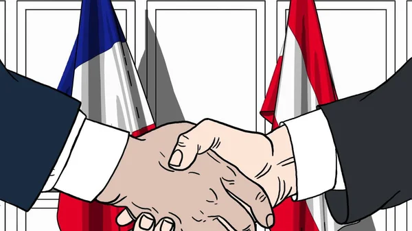 Geschäftsleute oder Politiker schütteln Hände gegen Fahnen von Frankreich und Österreich. offizielles Treffen oder Zusammenarbeit im Zusammenhang mit Cartoon Illustration — Stockfoto