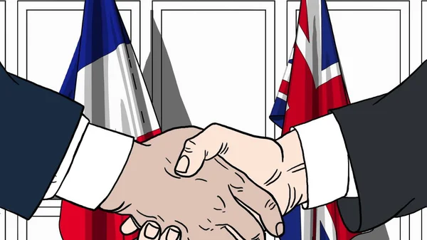 Biznesmenów i polityków, drżenie rąk przed flagi Francji i Wielkiej Brytanii. Spotkanie lub współpracy z ilustracja kreskówka — Zdjęcie stockowe