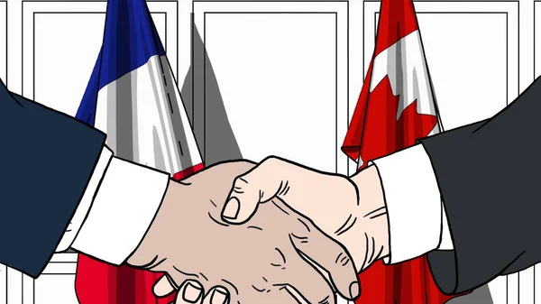 Des hommes d'affaires ou des politiciens serrent la main contre les drapeaux de la France et du Canada. Illustration de dessin animé liée à une réunion ou coopération — Photo