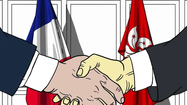 Підприємці або політиків потиснути один одному руки проти прапори Франції і Гонконг. Офіційна зустріч або співпраці пов'язані з мультфільму ілюстрація — стокове фото