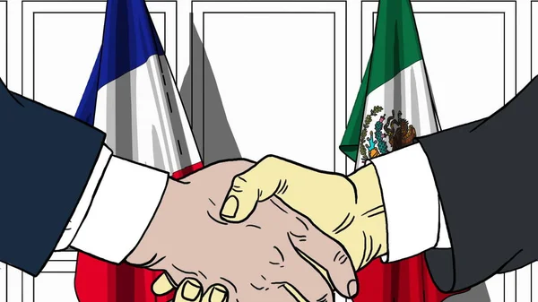 Des hommes d'affaires ou des politiciens serrant la main contre les drapeaux de la France et du Mexique. Illustration de dessin animé liée à une réunion ou coopération — Photo