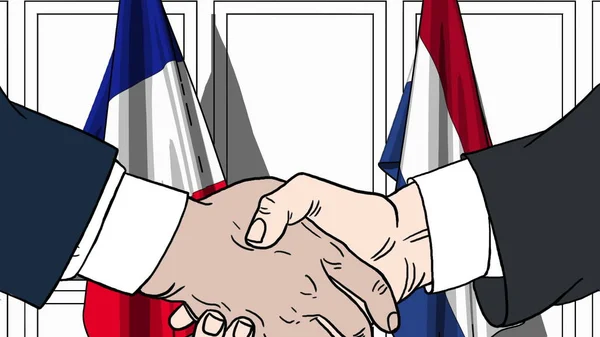 Uomini d'affari o politici stringono la mano contro le bandiere di Francia e Paesi Bassi. Illustrazione dei cartoni animati relativi alla riunione o alla cooperazione — Foto Stock