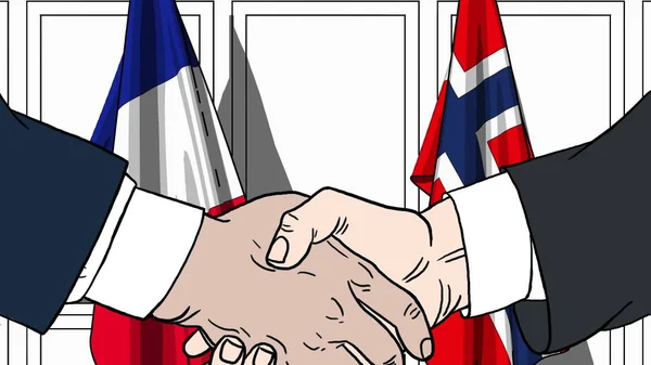 Affärsmän eller politiker skakar hand mot flaggor av Frankrike och Norge. Officiellt möte eller samarbete med tecknad illustration — Stockfoto