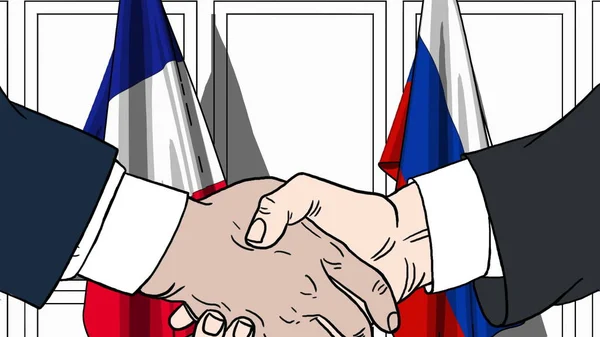Uomini d'affari o politici stringono la mano contro le bandiere di Francia e Russia. Illustrazione dei cartoni animati relativi alla riunione o alla cooperazione — Foto Stock