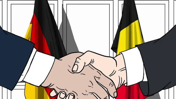 Geschäftsleute oder Politiker schütteln Hände gegen Fahnen von Deutschland und Belgien. offizielles Treffen oder Zusammenarbeit im Zusammenhang mit Cartoon Illustration — Stockfoto