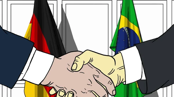 Des hommes d'affaires ou des politiciens serrant la main contre les drapeaux de l'Allemagne et du Brésil. Illustration de dessin animé liée à une réunion ou coopération — Photo