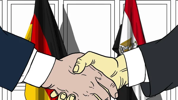 Businessmen or politicians shake hands against flags of Germany and Egypt. Official meeting or cooperation related cartoon illustration — Stock Photo, Image