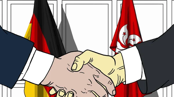 Businessmen or politicians shake hands against flags of Germany and Hong Kong. Official meeting or cooperation related cartoon illustration — Stock Photo, Image