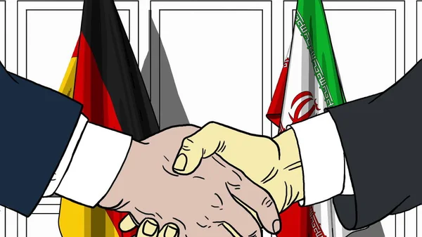 Des hommes d'affaires ou des politiciens serrent la main contre les drapeaux de l'Allemagne et de l'Iran. Réunion officielle ou illustration de bande dessinée liée à la coopération — Photo