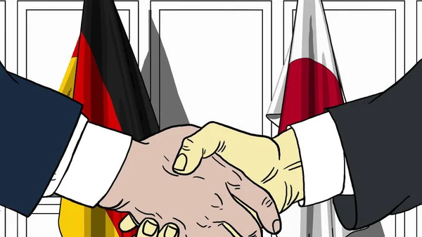 Zakenlieden of politici schudden handen tegen vlaggen van Duitsland en Japan. Vergadering of samenwerking gerelateerde cartoon afbeelding — Stockfoto