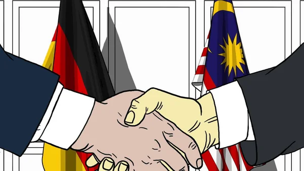 Uomini d'affari o politici stringono la mano contro le bandiere di Germania e Malesia. Riunione ufficiale o illustrazione dei cartoni animati relativi alla cooperazione — Foto Stock