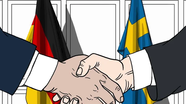 Businessmen or politicians shake hands against flags of Germany and Sweden. Official meeting or cooperation related cartoon illustration — Stock Photo, Image