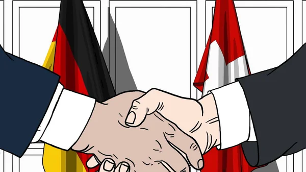 Pebisnis atau politisi berjabat tangan melawan bendera Jerman dan Swiss. Pertemuan atau kerja sama terkait ilustrasi kartun — Stok Foto