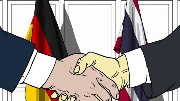 Businessmen or politicians shake hands against flags of Germany and Thailand. Official meeting or cooperation related cartoon illustration — Stock Photo, Image