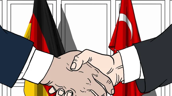 Zakenlieden of politici schudden handen tegen vlaggen van Duitsland en Turkije. Vergadering of samenwerking gerelateerde cartoon afbeelding — Stockfoto