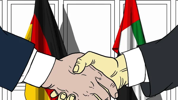 Businessmen or politicians shake hands against flags of Germany and UAE. Official meeting or cooperation related cartoon illustration — Stock Photo, Image