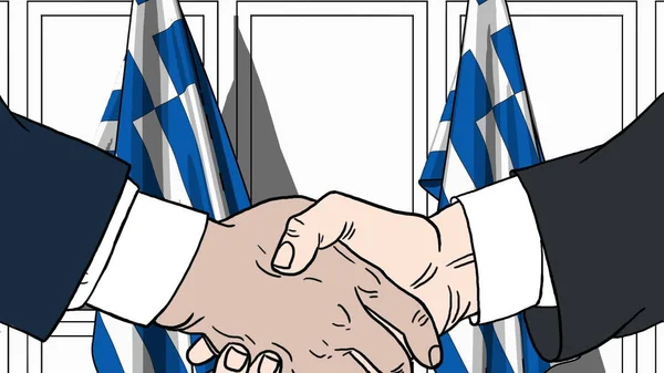 Επιχειρηματίες ή πολιτικοί χειραψία κατά σημαίες της Ελλάδας. Επίσημη συνάντηση ή συνεργασίας που σχετίζονται με καρτούν εικονογράφηση — Φωτογραφία Αρχείου