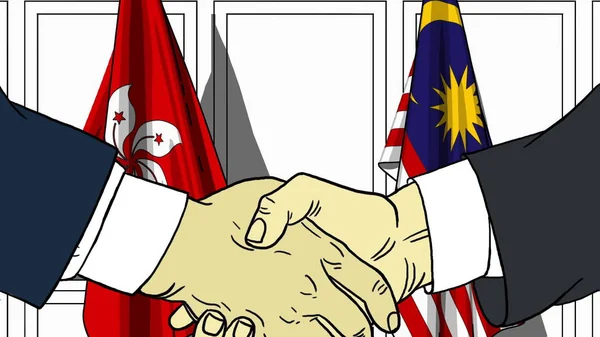 Businessmen or politicians shake hands against flags of Hong Kong and Malaysia. Official meeting or cooperation related cartoon illustration — Stock Photo, Image