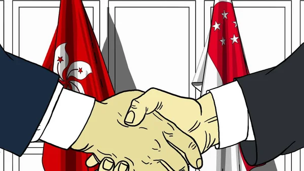 Geschäftsleute oder Politiker schütteln Hände gegen Flaggen von Hongkong und Singapore. offizielles Treffen oder Zusammenarbeit im Zusammenhang mit Cartoon Illustration — Stockfoto