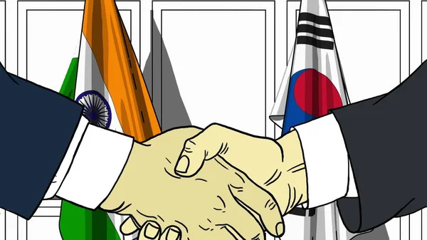 Businessmen or politicians shaking hands against flags of India and Korea. Meeting or cooperation related cartoon illustration — Stock Photo, Image