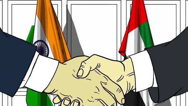 Podnikatelé či politici potřást rukou proti příznaky Indie a Spojených arabských emirátech. Oficiální setkání nebo spolupráci související kreslený obrázek — Stock fotografie