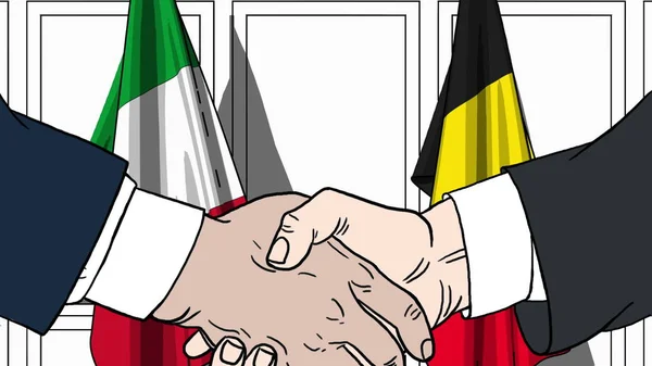 Geschäftsleute oder Politiker schütteln Hände gegen Flaggen Italiens und Belgiens. offizielles Treffen oder Zusammenarbeit im Zusammenhang mit Cartoon Illustration — Stockfoto