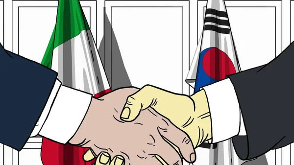 Geschäftsleute oder Politiker beim Händeschütteln gegen Flaggen Italiens und Koreas. Treffen oder Zusammenarbeit im Zusammenhang mit Cartoon Illustration — Stockfoto