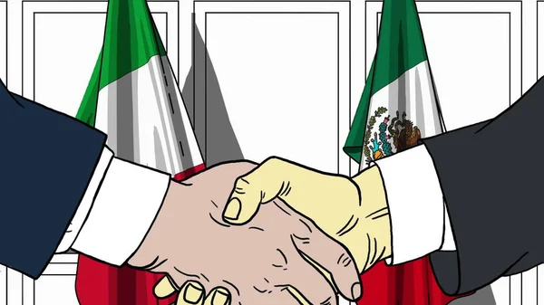 Empresarios o políticos estrechando las manos contra banderas de Italia y México. Reunión o cooperación ilustración de dibujos animados relacionados —  Fotos de Stock