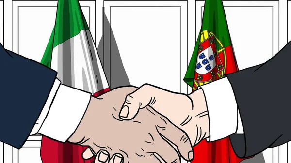 Geschäftsleute oder Politiker schütteln Hände gegen italienische und portugiesische Flaggen. offizielles Treffen oder Zusammenarbeit im Zusammenhang mit Cartoon Illustration — Stockfoto